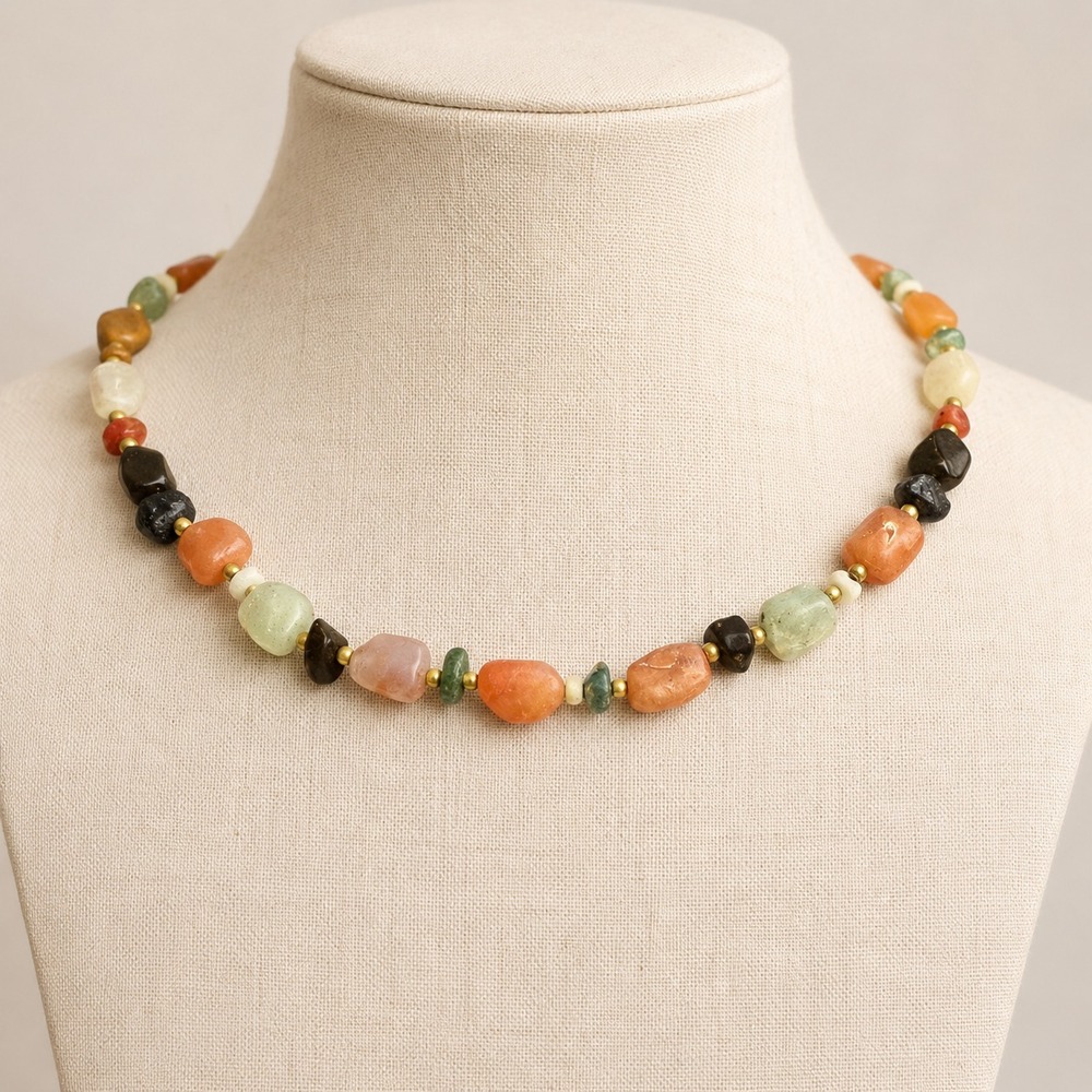 VTG Beggar Beads Necklace 1990s Mixed Polished Gemstone Nuggets -Original Insert